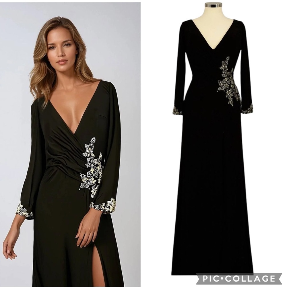 Ieena Mac Duggal 41016 Long Sleeve Beaded High Slit Maxi‎ Dress Gown Size 4